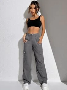 SHEIN EZwear Summer Outfits Grey Flap Pocket Cargo Jeans - Grey - View 3