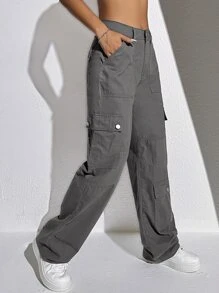 SHEIN EZwear Summer Outfits Grey Flap Pocket Cargo Jeans - Grey - View 5