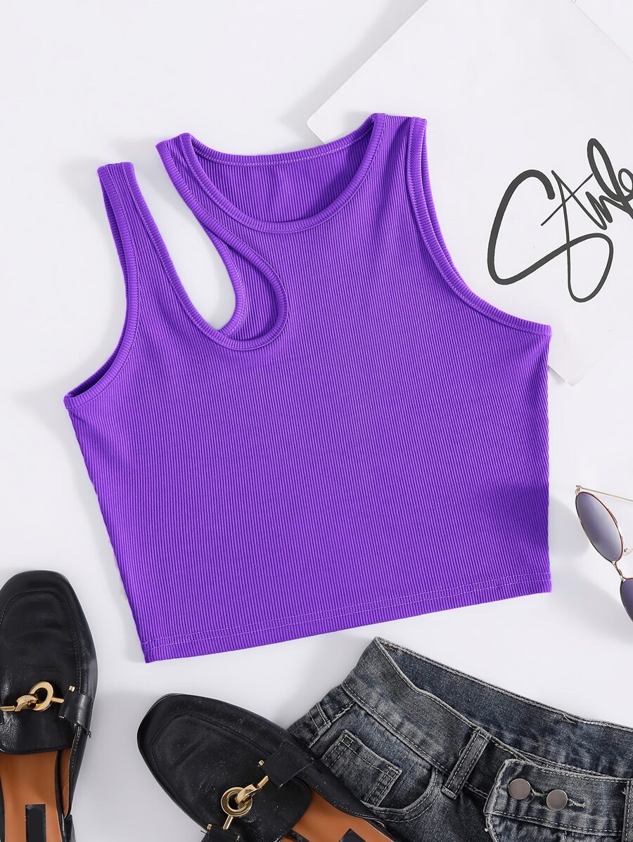 INAWLY Solid Cut Out Shoulder Ribbed Knit Tank Top For Summer - Violet Purple - View 1