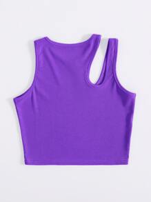 INAWLY Solid Cut Out Shoulder Ribbed Knit Tank Top For Summer - Violet Purple - View 2