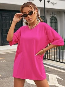 SHEIN EZwear Solid Drop Shoulder Oversized Tee - Hot Pink - View 1