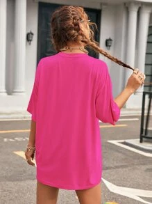 SHEIN EZwear Solid Drop Shoulder Oversized Tee - Hot Pink - View 2