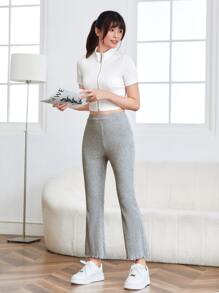 SHEIN PETITE 生菜飾邊羅紋針織喇叭褲 - 淺灰色 - 查看 1