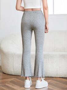 SHEIN PETITE 生菜飾邊羅紋針織喇叭褲 - 淺灰色 - 查看 2