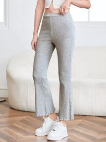 SHEIN PETITE 生菜飾邊羅紋針織喇叭褲 - 淺灰色 - 查看 3