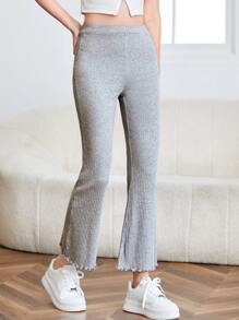 SHEIN PETITE 生菜飾邊羅紋針織喇叭褲 - 淺灰色 - 查看 4