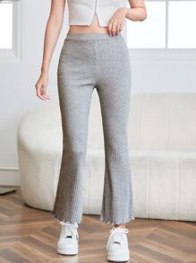 SHEIN PETITE 生菜飾邊羅紋針織喇叭褲 - 淺灰色 - 查看 5