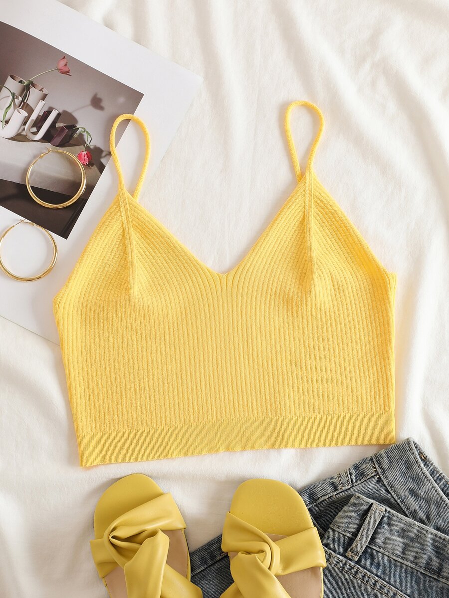 INAWLY Solid Crop Cami Knit Top - Yellow - View 1