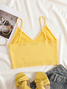 INAWLY Solid Crop Cami Knit Top - Yellow - View 2