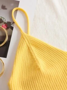 INAWLY Solid Crop Cami Knit Top - Yellow - View 4