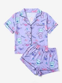 ROMWE Kawaii Sets de Pijamas de Mujer Ribete en contraste Botón delantero Dibujos animados todo estampado Dulce - Morado - Ver 5