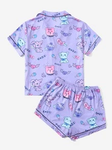 ROMWE Kawaii Sets de Pijamas de Mujer Ribete en contraste Botón delantero Dibujos animados todo estampado Dulce - Morado - Ver 2