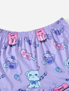 ROMWE Kawaii Sets de Pijamas de Mujer Ribete en contraste Botón delantero Dibujos animados todo estampado Dulce - Morado - Ver 3