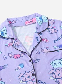 ROMWE Kawaii Sets de Pijamas de Mujer Ribete en contraste Botón delantero Dibujos animados todo estampado Dulce - Morado - Ver 4