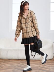 SHEIN EZwear Áo sơ mi Kẻ sọc Nút Thông qua Túi mặt trước - màu nâu - Xem 3