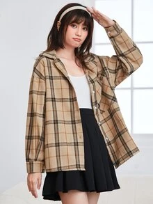 SHEIN EZwear Áo sơ mi Kẻ sọc Nút Thông qua Túi mặt trước - màu nâu - Xem 4