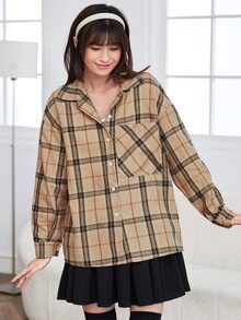 SHEIN EZwear Áo sơ mi Kẻ sọc Nút Thông qua Túi mặt trước - màu nâu - Xem 5