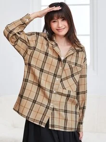 SHEIN EZwear Áo sơ mi Kẻ sọc Nút Thông qua Túi mặt trước - màu nâu - Xem 6