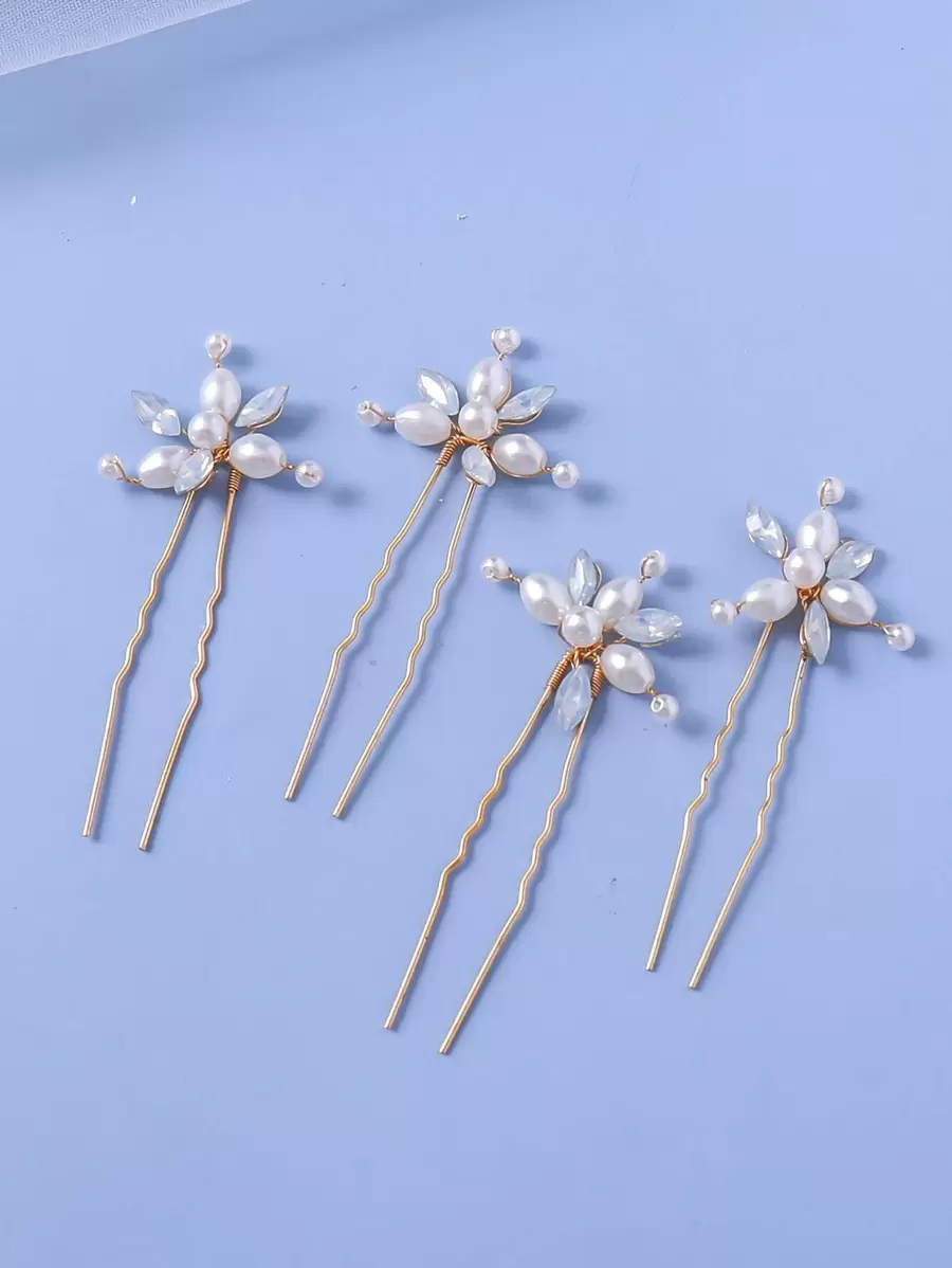 4 件套女士水晶仿珍珠优雅红色发夹，圣诞派对装饰，森林仙女头带 - 白色 - 查看 1