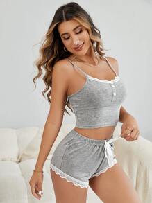 Contrast Lace Tie Front Cami PJ Set / Pajama Set Holiday Season