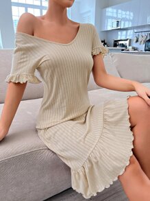露背交叉荷葉邊休閒服連衣裙 - 卡其色 - 查看 6
