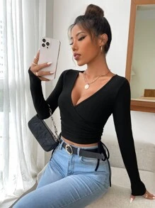 Firerie Solid Wrap Tie Side Black Crop Tee - Black - View 4