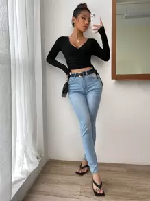 Firerie Solid Wrap Tie Side Black Crop Tee - Black - View 7