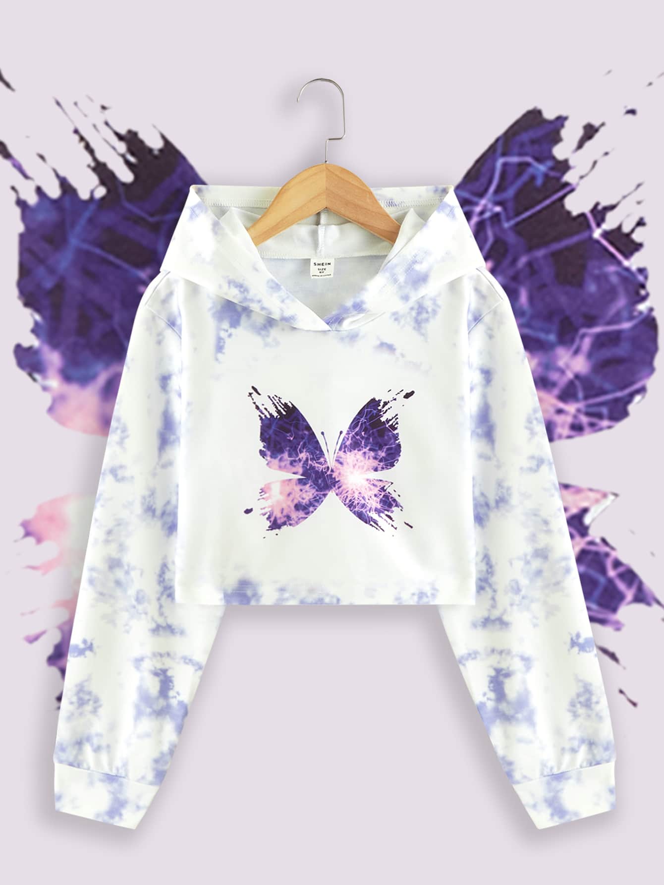 Tween Girl Tie Dye Butterfly Print Sweatshirt - White - View 1