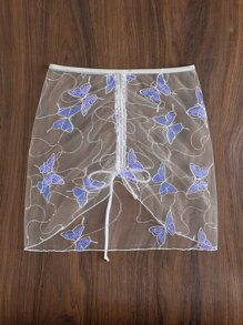 Butterfly Print Sequin Cover Up - White - View 6