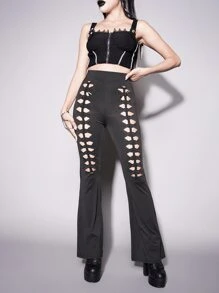 Gothic High Waist Cut Out Flare Leg Trousers - Black - View 1