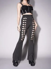 Gothic High Waist Cut Out Flare Leg Trousers - Black - View 3