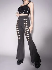 Gothic High Waist Cut Out Flare Leg Trousers - Black - View 6