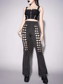 Gothic High Waist Cut Out Flare Leg Trousers - Black - View 7