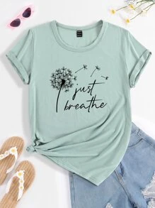 SHEIN LUNE Plus Dandelion And Slogan Graphic Tee Just Breathe For Summer - Mint Green - View 1