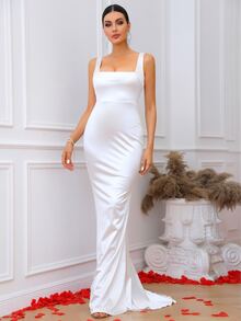 LOVE&LEMONADE Square Neck Mermaid Hem Satin Formal Dress - White - View 5