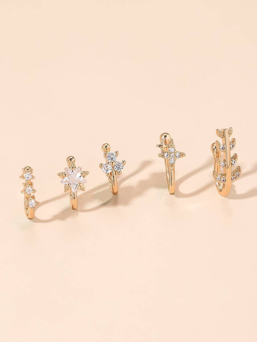5入組/套銅,方晶鋯石星星和樹葉裝飾鼻環適合女士和男士,龐克非穿孔,A時尚身體鏈禮品適用於任何場合 - 金黃色 - 查看 1