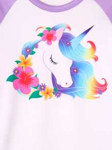 Tween Girl Unicorn Print Raglan Sleeve Top & Floral Print Pants Snug Fit Lounge Set