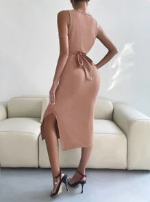 Crossover Knot Back Split Dress - Dusty Pink - View 2