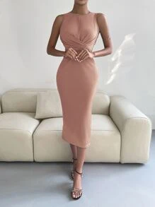 Crossover Knot Back Split Dress - Dusty Pink - View 3