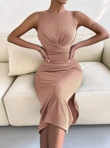 Crossover Knot Back Split Dress - Dusty Pink - View 4