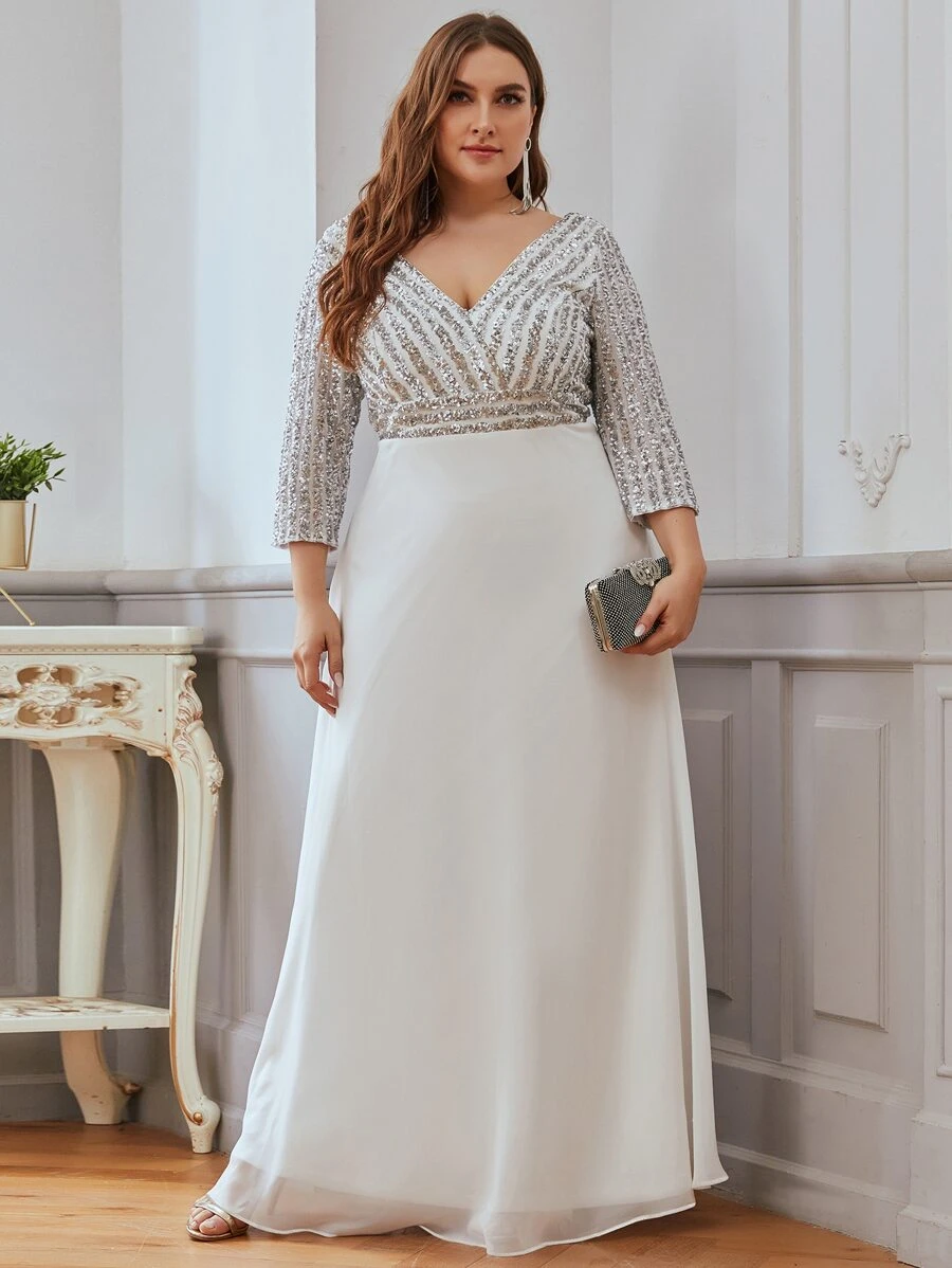 EVERPRETTY Plus Size Sexy V-Neck Sequin Contrast Color Chiffon Party White Dresses For Women Evening Gown Wedding Guest Formal Dress Mother Of Brides Glam Dresses For Wedding Semi Formal Gowns For Women Evening Elegant Mother Of The Brides Outfit Evening Dresses For Women