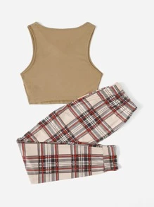 Plaid Notched Neck Tie Front PJ Set / Pajama Set