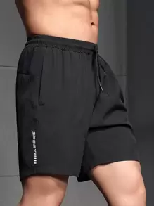 Manfinity Sport Corelite Estilo namorado homens carta gráfico cordão cintura esportes elástico shorts ginásio shorts - Preto - Ver 1