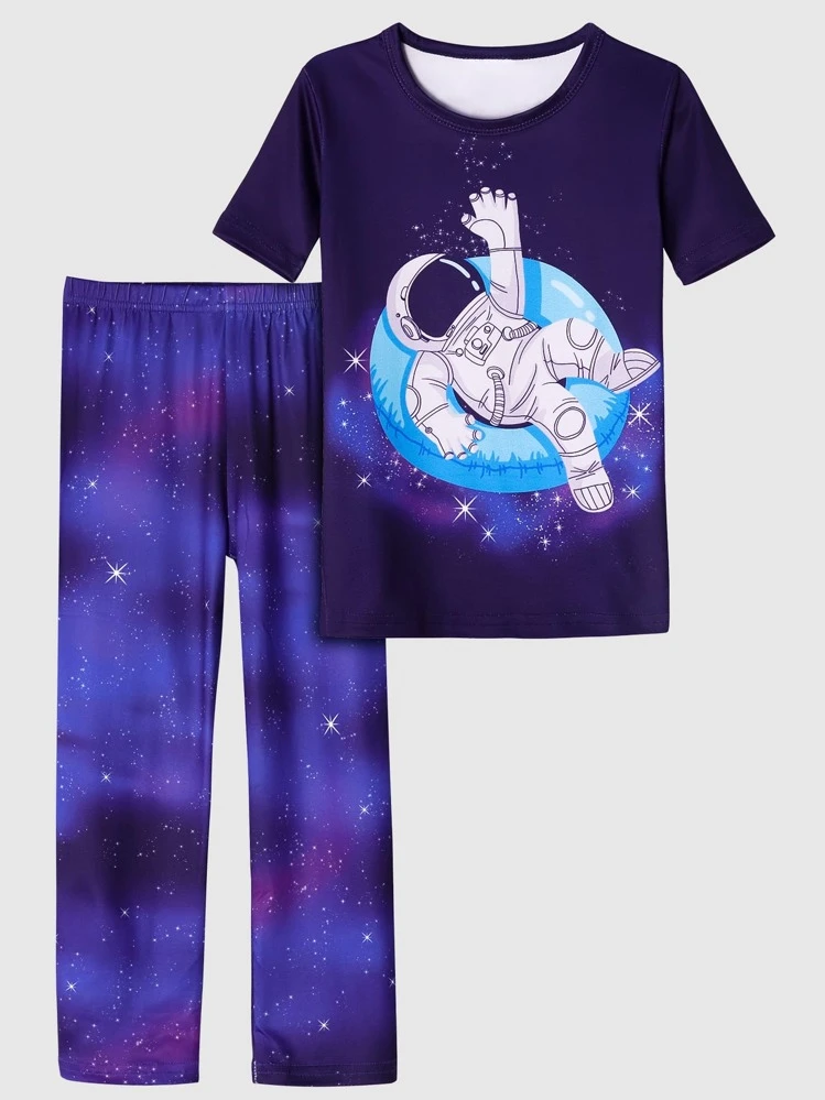 Boys Astronaut & Galaxy Print Snug Fit PJ Set - Purple - View 1