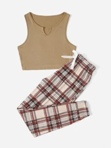 Plaid Notched Neck Tie Front PJ Set / Pajama Set