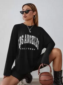 SHEIN EZwear Áo thun tay dài in chữ thoải mái, mùa thu - màu đen - Xem 1