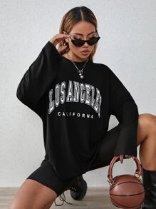 SHEIN EZwear Áo thun tay dài in chữ thoải mái, mùa thu - màu đen - Xem 3