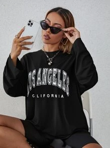 SHEIN EZwear Áo thun tay dài in chữ thoải mái, mùa thu - màu đen - Xem 7