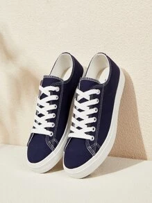 Lace-up Front Canvas Shoes - Navy Blue - View 1