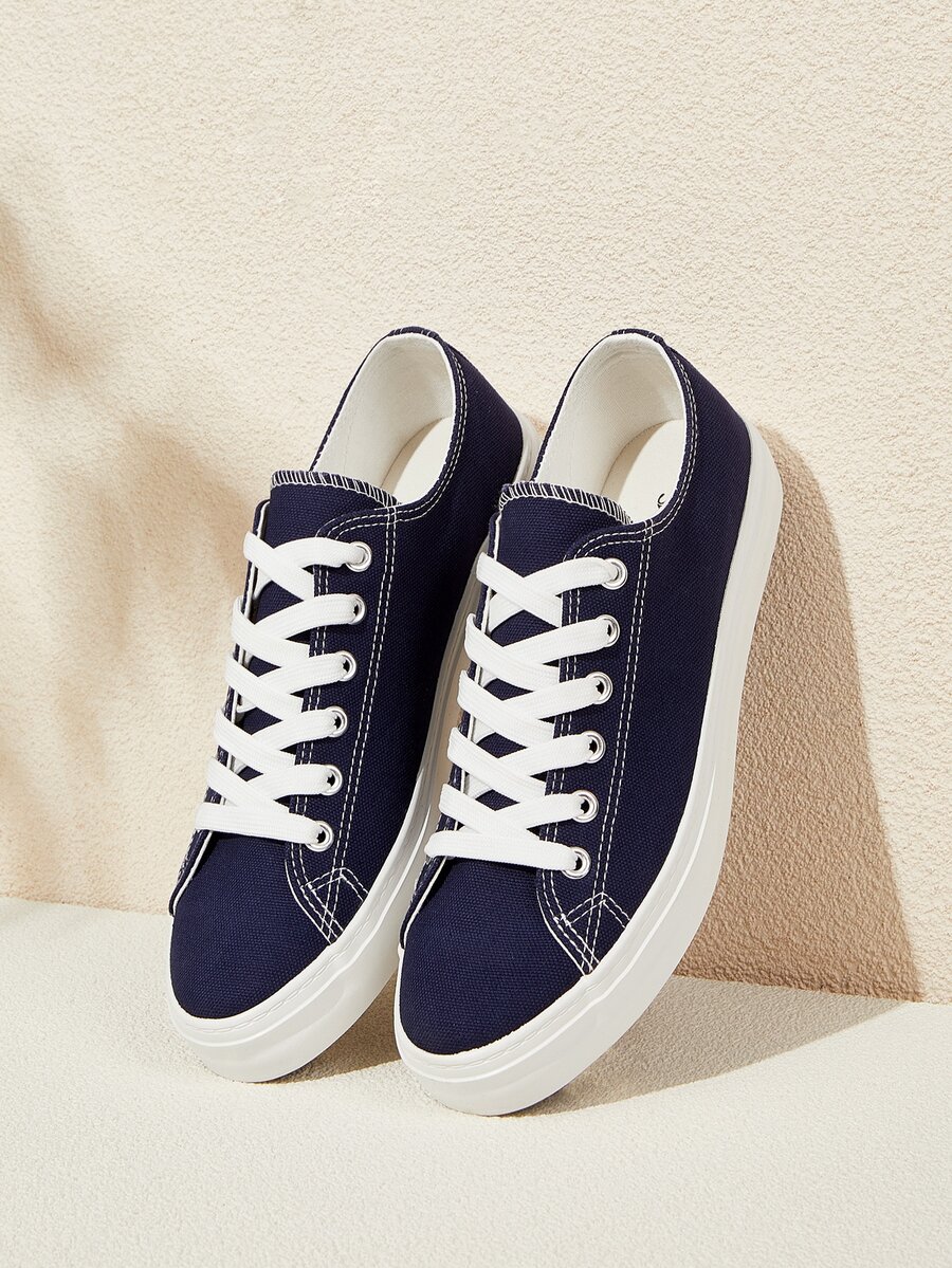 Lace-up Front Canvas Shoes - Navy Blue - View 1